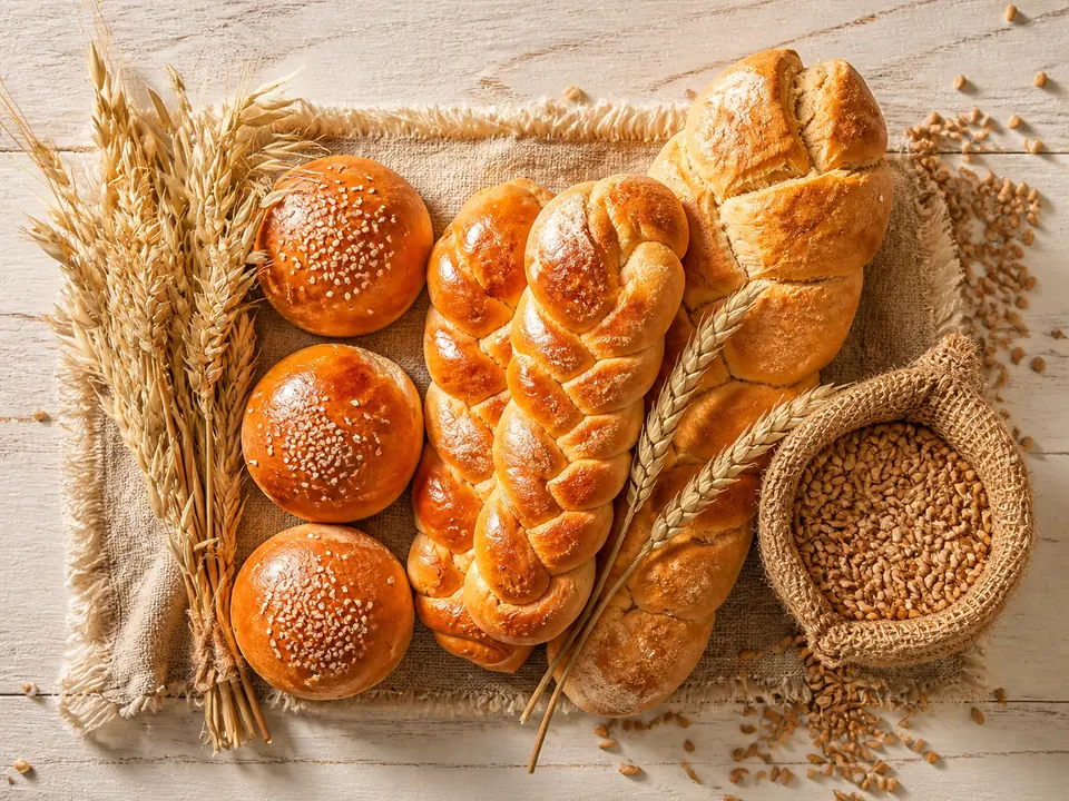 Fresh braided loaves, sesame buns, wheat stalks, and grain for bakery applications