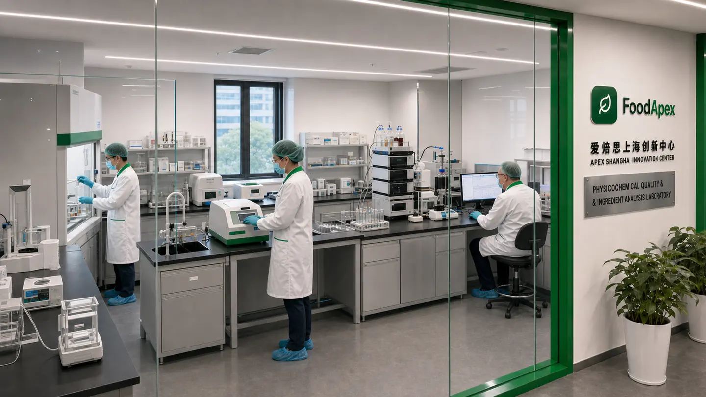 Ingredient analysis laboratory visualization with masked technicians and analytical equipment