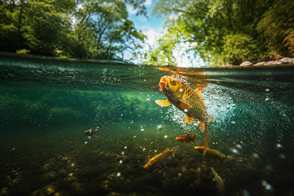 Golden carp breaking the surface of clear water with smaller fish below