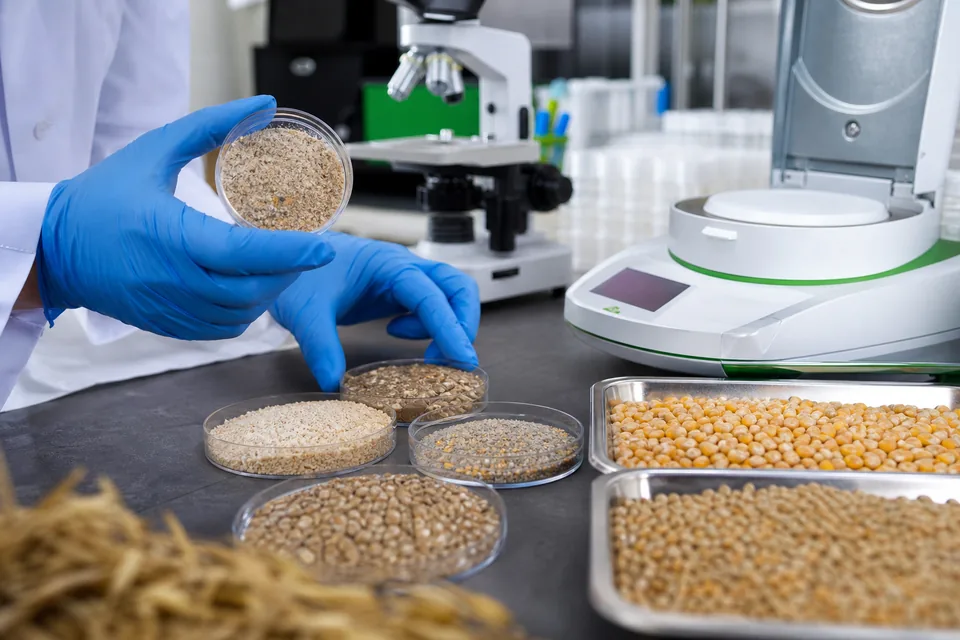 Laboratory analyst evaluating grain and feed samples beside quality-control instruments