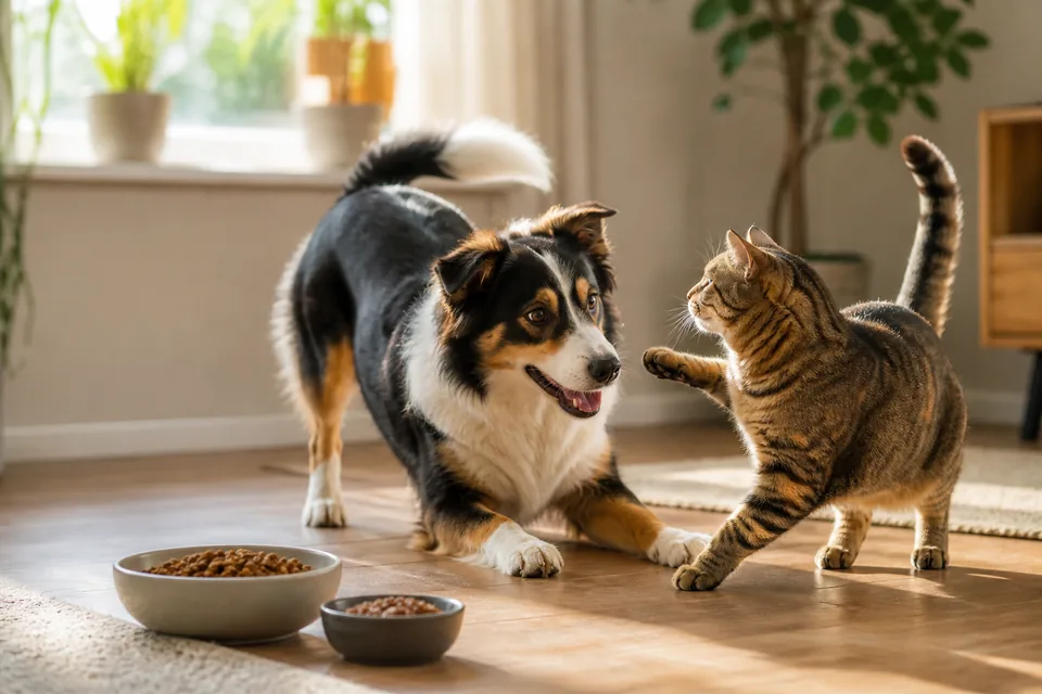 Happy dog and cat playing beside separate portions of dog food and cat food