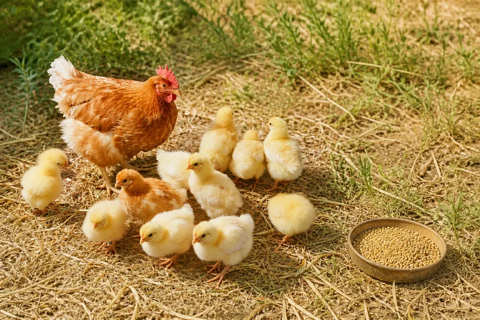 Mother hen with ten chicks beside a shallow poultry-feed dish outdoors