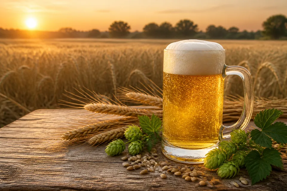 Golden beer beside fresh hops and barley in a sunlit grain field