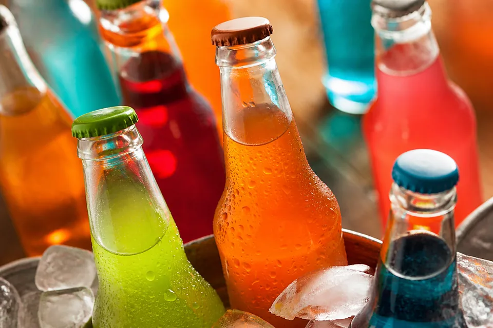 Colorful chilled carbonated and flavored drinks with condensation and ice