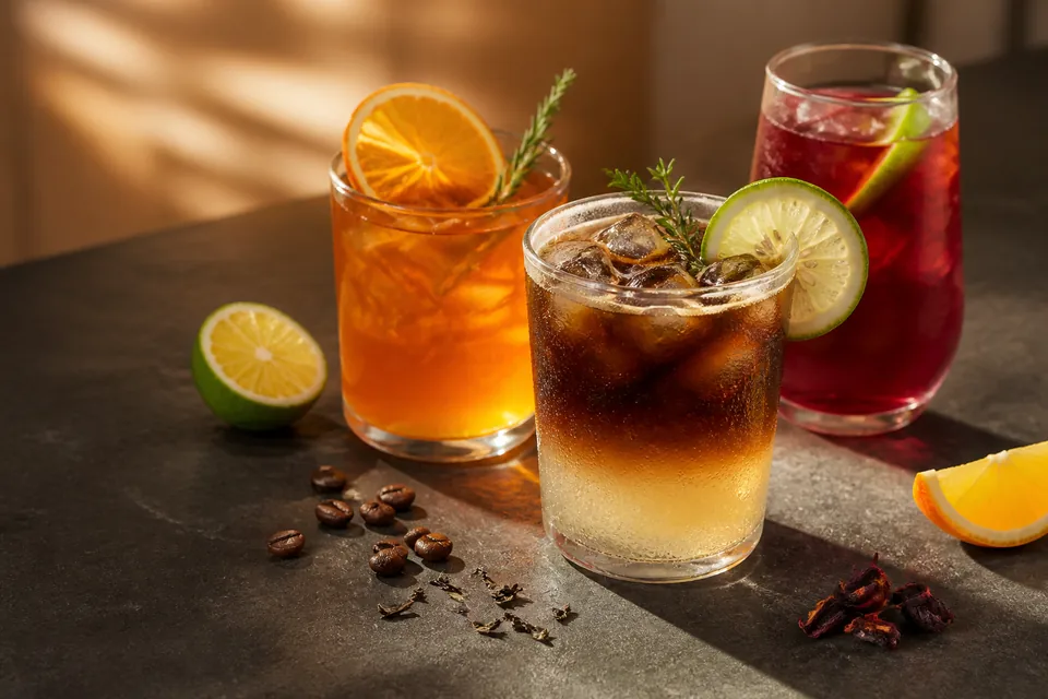 Iced cold brew, amber citrus tea, and ruby botanical infusion with natural garnishes