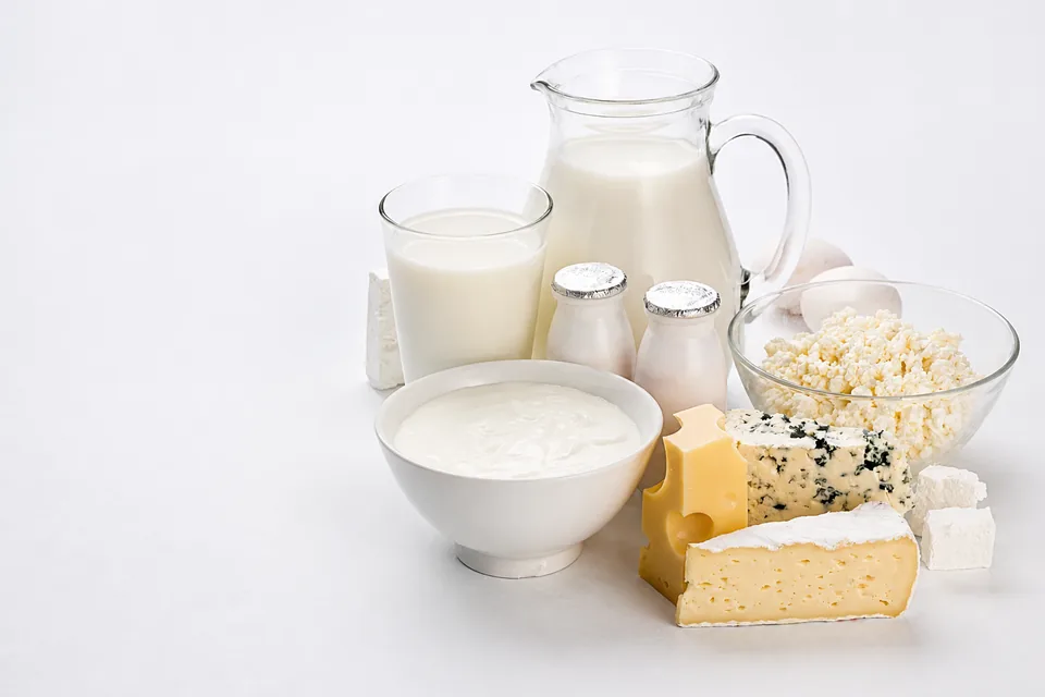 Milk, yogurt, cottage cheese, and assorted cheeses on a bright neutral background