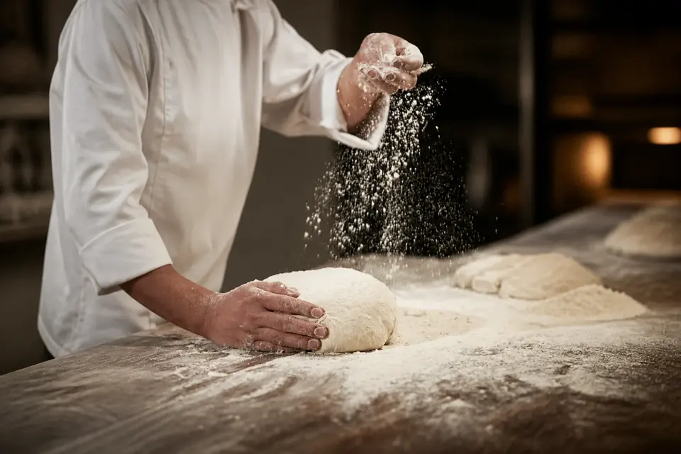 Baker sprinkling flour over dough for Apex Biotech bakery and pastry application solutions
