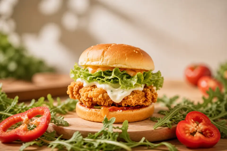 Crispy fried chicken burger representing Apex Biotech prepared meat and seafood application solutions