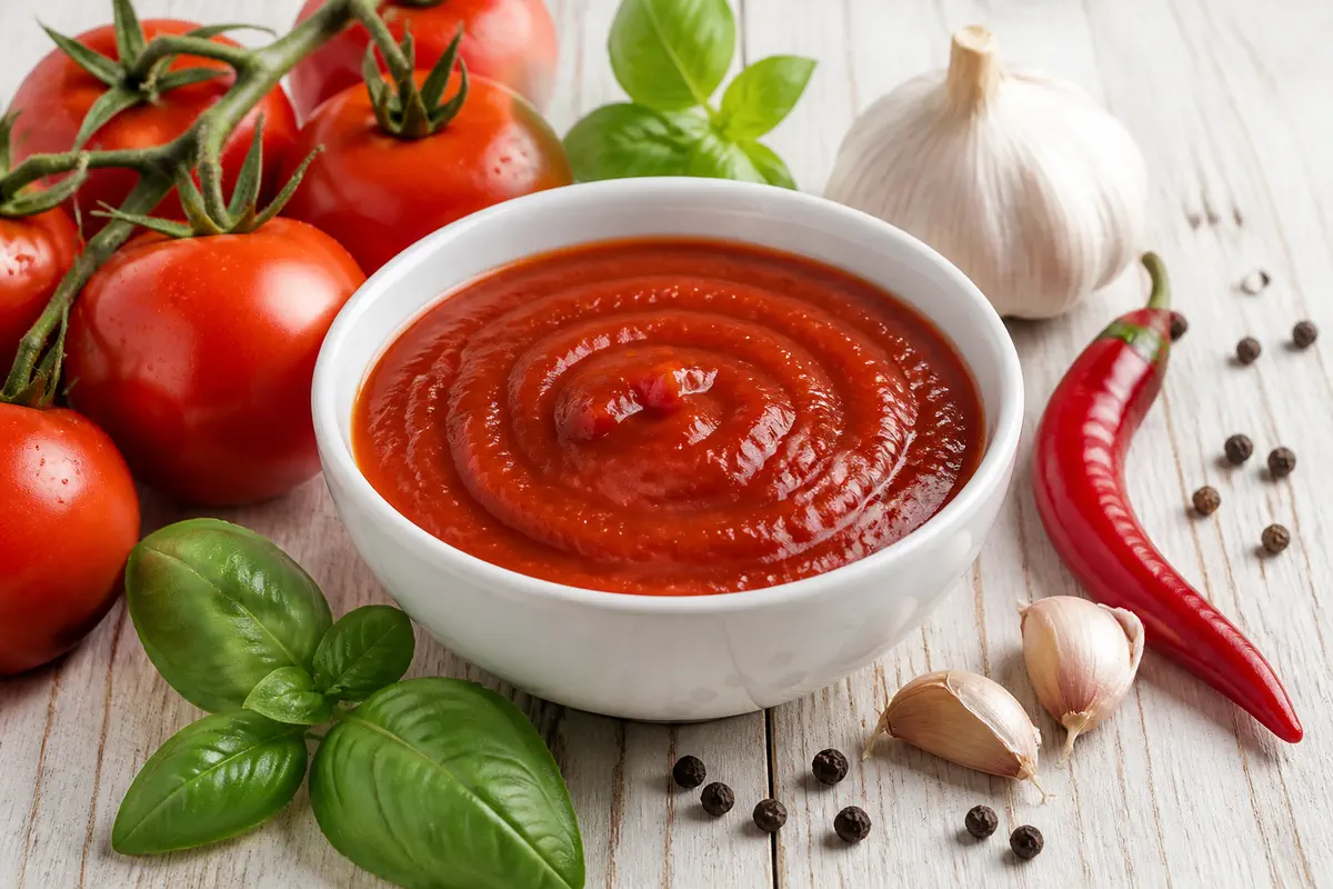 Tomato sauce with tomatoes, basil, garlic, chili, and pepper representing Apex Biotech savory ingredient systems