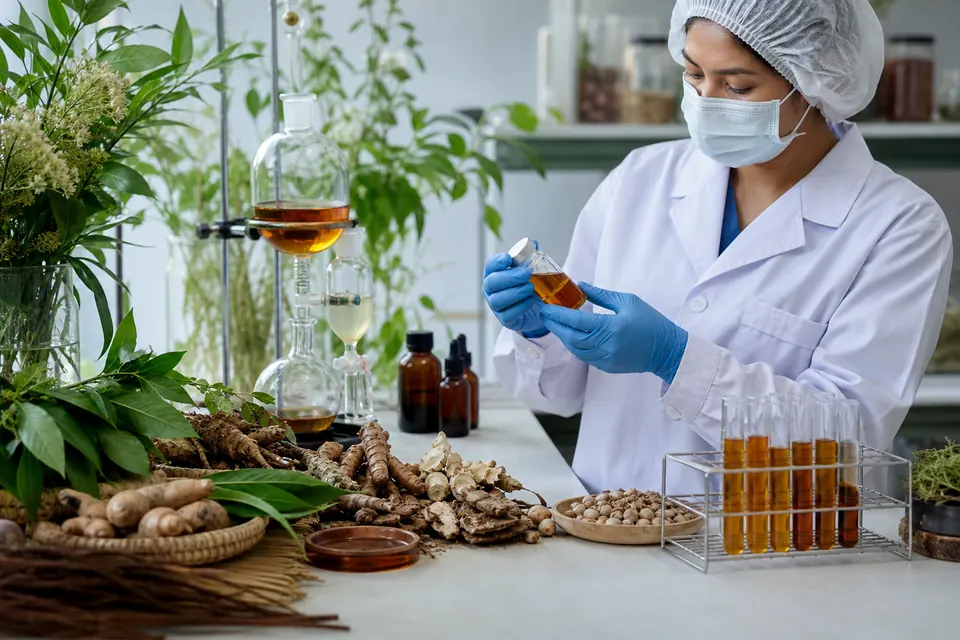 Masked and gloved researcher evaluating botanical roots, leaves, and amber extracts