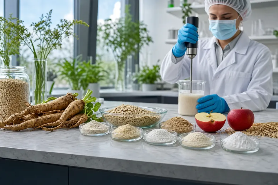 Masked and gloved food scientist testing chicory, grain, apple, and fiber ingredients