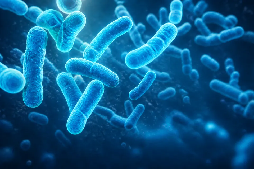 Color scientific visualization of rod-shaped probiotic bacterial cells in a microscopic environment