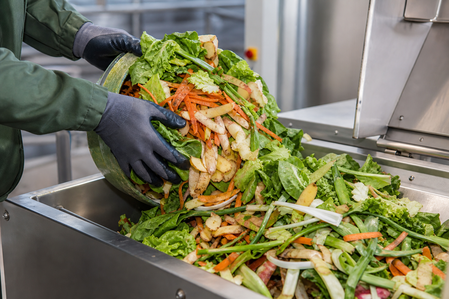 Source-separated kitchen food waste entering stainless steel biological degradation equipment