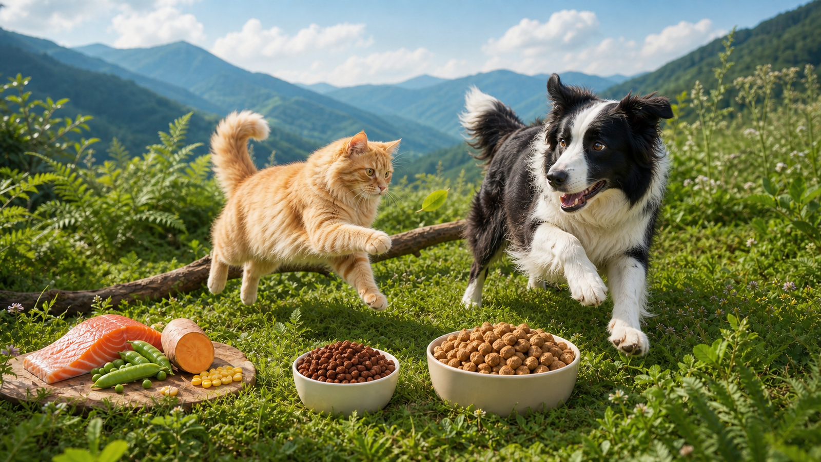 Happy border collie and orange cat playing beside distinct animal nutrition feed bowls in a mountain meadow